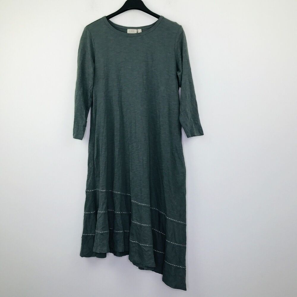LOGO Women's Small Dress Gray Cotton Slub Embroidered Asymmetric Lagenlook BZ19